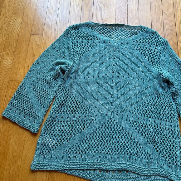 Boho Soft Surroundings Size L NEW Blue Crochet Knit Beachwalk 3/4 Sleeve Sweater - Picture 16 of 16
